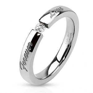 'Forever Love' Engraved Stainless Steel Band Ring with CZ