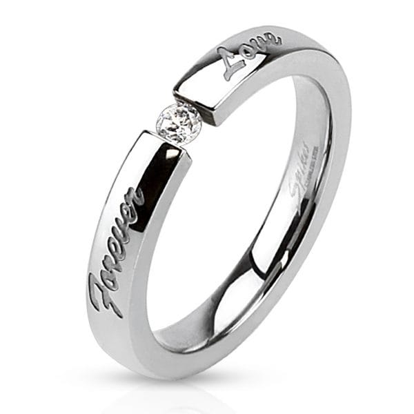 'Forever Love' Engraved Stainless Steel Band Ring with CZ