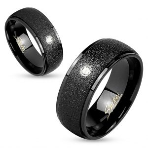 Sanded Centre with Clear Gem Black IP Stainless Steel Ring