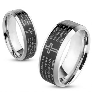 Lord's Prayer Black IP Beveled Edge Stainless Steel Ring