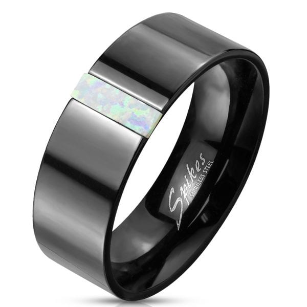 Rectangular Opal on Black Stainless Steel Ring