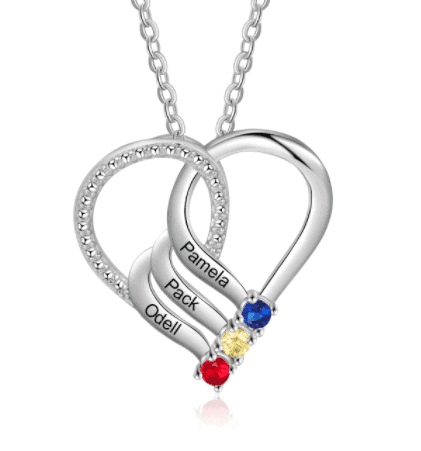 Personalised Mother Necklace 3 Stones Engraved 3 Names Birthstone Intertwined Heart Pendant