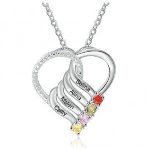Personalised Mother Necklace 4 Stones Engraved 4 Names Birthstone Intertwined Heart Pendant