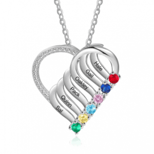 Personalised Mother Necklace 5 Stones Engraved 5 Names Birthstone Intertwined Heart Pendant