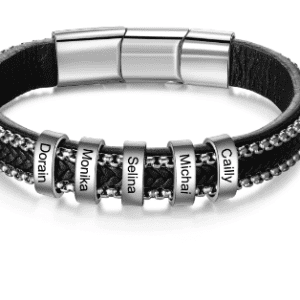 Personalised Men Braided Leather Bracelet with 5 Engraved Charms