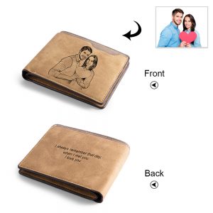 Custom Photo Engraved Brown Bifold Wallet in Light Brown