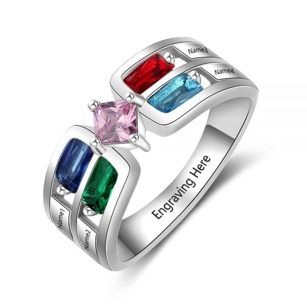 Sterling Silver Birthstone Ring with 4 Engraved Names