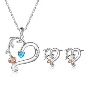 Flower Heart Shape Necklace and CZ Stud Earring