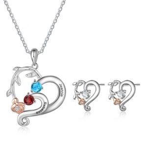 Flower Heart Shape Necklace and CZ Stud Earring with 2 engraved names