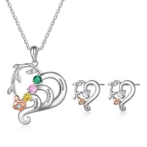 Flower Heart Shape Necklace and CZ Stud Earring with 3 engraved names