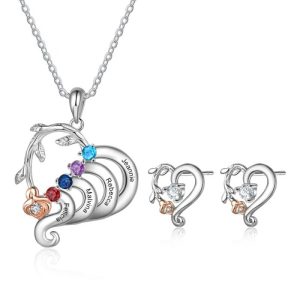 Flower Heart Shape Necklace and CZ Stud Earring with 4 engraved names