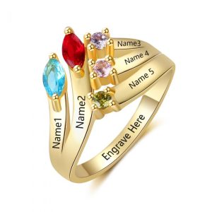 Personalised Gold Plated 925 Sterling Silver 5 Name & 5 Birthstone Ring
