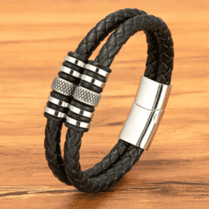 Men's Stainless Steel Double Layer Leather Bracelet