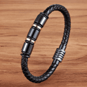 Men's Stainless Steel with Gold Bolt Leather Bracelet
