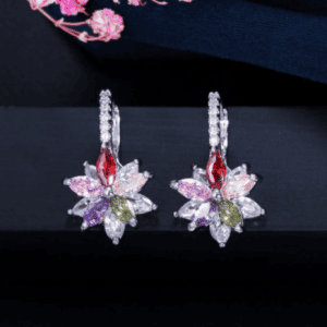 Lovely Geometric Flower with CZ Mutli Coloured Stones Earrings
