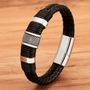 Men's Black and Silver Stainless Steel Leather Bracelet