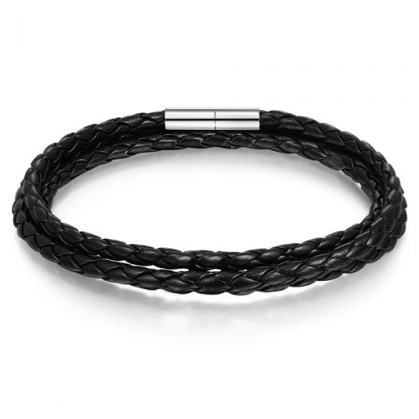 Black Bolo Three Braided Cord Leather Bracelet