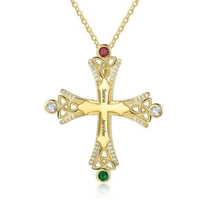 Gold Plated Birthstone Cross Necklace with 2 Names