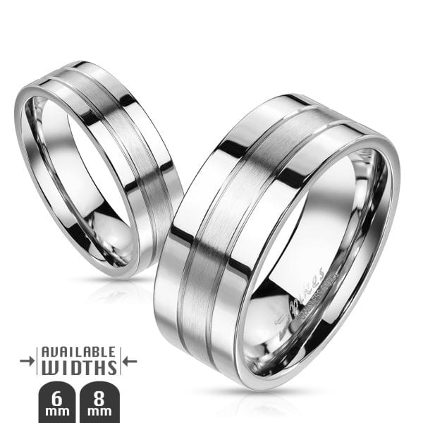 Double Lined and Brushed Center Two Tone Stainless Steel Rings