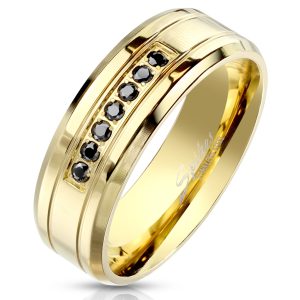 7 Black CZ CNC Machine Set with Double Grooved Lines Gold IP Stainless Steel Ring with Beveled Edges