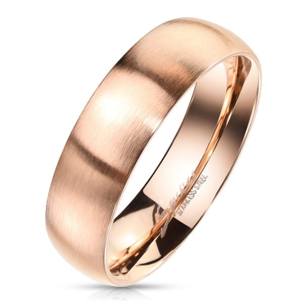 Matte Finish Surface and Shiny Polished Sides and Inside Classic Dome Rose Gold PVD Stainless Steel Band Rings