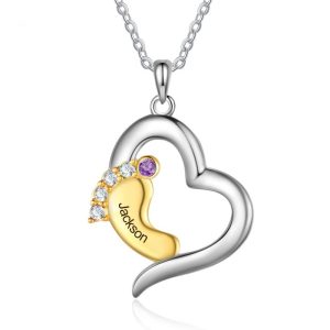Personalised Baby Feet Necklace with 1 Name 1 Birthstone Heart Necklace
