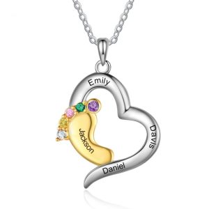 Personalised Baby Feet Necklace with 3 Names and 3 Birthstones Heart Necklace