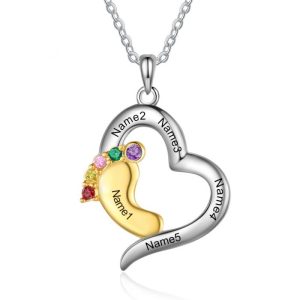 Personalised Baby Feet Necklace with 5 Names and 5 Birthstones Heart Necklace