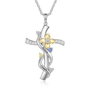 Personalised Faith Cross Necklace With 2 Names 2 Birthstones Flower Necklace