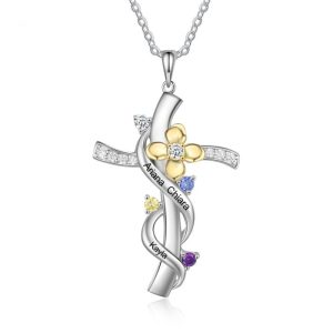 Personalised Faith Cross Necklace With 3 Names 3 Birthstones Flower Necklace