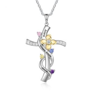 Personalised Faith Cross Necklace With 4 Names 4 Birthstones Flower Necklace
