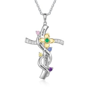 Personalised Faith Cross Necklace With 5 Names 5 Birthstones Flower Necklace