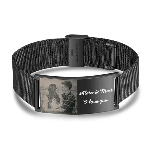 Black Stainless Steel Men's Photo Bracelet with Engraving
