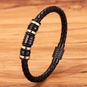 Men's Stainless Steel Bolt with Black & Gold Rings Leather Bracelet