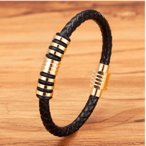 Men's Stainless Steel Bolt with Gold Rings Leather Bracelet