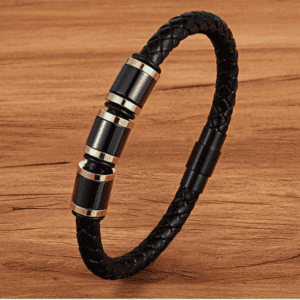Men's Black and Gold Leather Bracelet