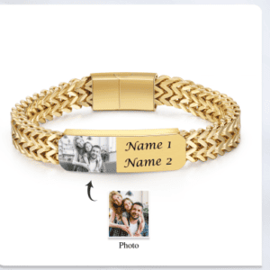 Gold Plated Stainless Steel Men's Photo Bracelet with Engraving