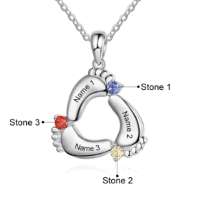 Personalised Baby Feet Necklace with 3 Names and 3 Birthstones Necklace