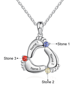 Personalised Baby Feet Necklace with 3 Names and 3 Birthstones Necklace