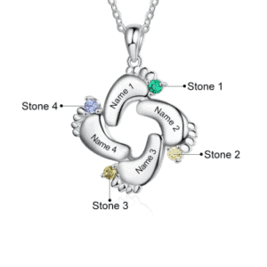 Personalised Baby Feet Necklace with 4 Names and 4 Birthstones Necklace
