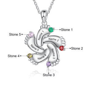 Personalised Baby Feet Necklace with 5 Names and 5 Birthstones Necklace
