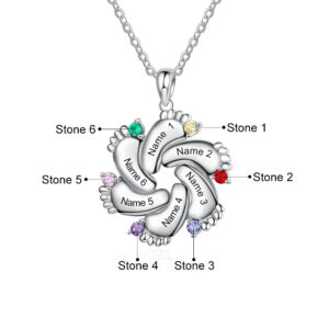 Personalised Baby Feet Necklace with 6 Names and 6 Birthstones Necklace