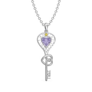 Personalised 3D Sterling Silver 2 Name and 2 Birthstone Key Necklace