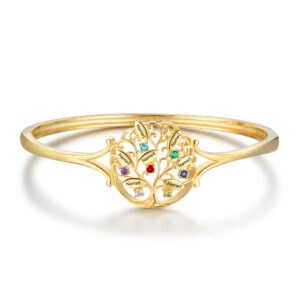 Personalised Family Tree Bangle With 7 Names Engraved and Birthstones