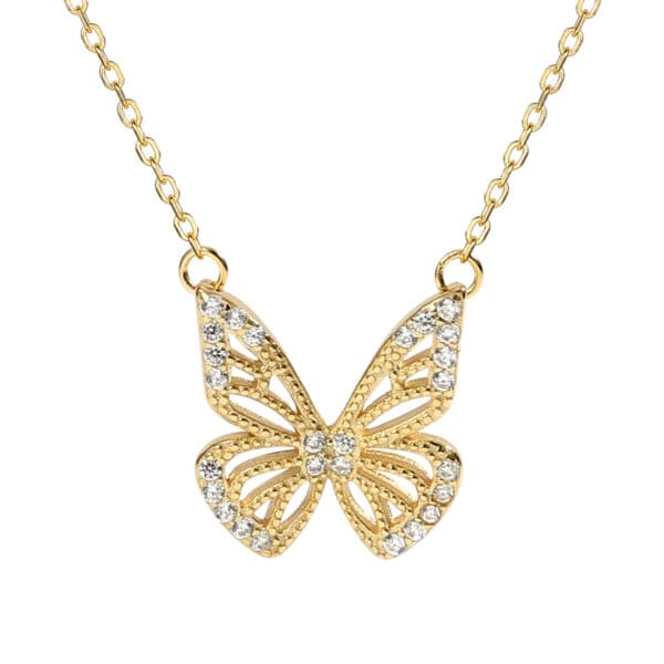 Gold Plated Sterling Silver Dainty Butterfly Necklace With CZ Gemstones