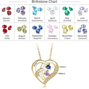 Personalised Mother Necklace 2 Stones Engraved 2 Names Birthstone Intertwined Gold Plated Heart Pendant