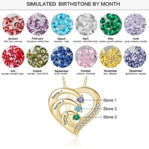 Personalised Mother Necklace 3 Stones Engraved 3 Names Birthstone Intertwined Gold Plated Heart Pendant
