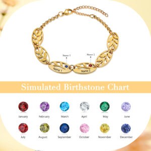 Mother 2 Leaf Bracelet with 2 Names Engraved in Gold Plating