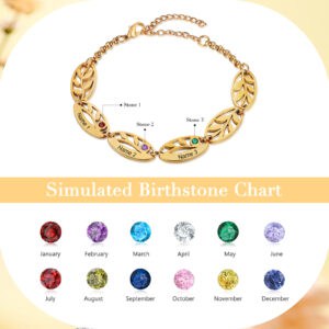 Mother 3 Leaf Bracelet with 3 Names Engraved in Gold Plating