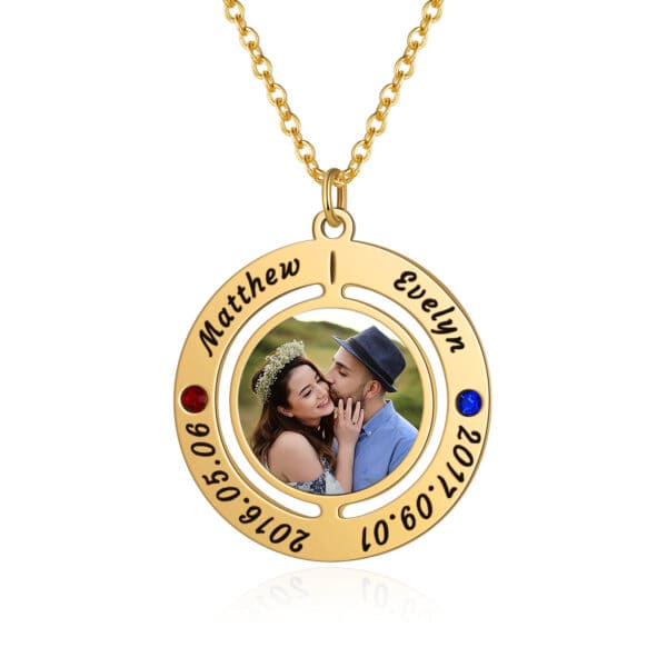 Engraved Gold Photo Necklace with Birthstones